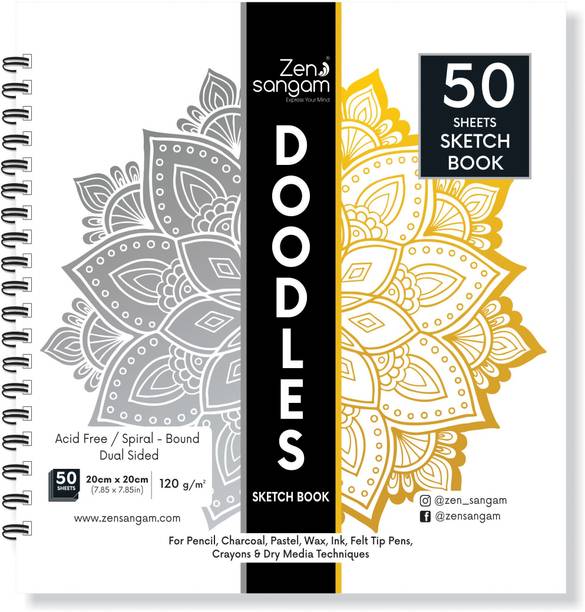 Zen Sangam Express your Mind Artists' Square (20cm x 20cm) Doodle Sketch Pad Drawing Notebook, 50 Sheets (100 Pages) - 120 GSM, Spiral-Bound Sketchpad for Beginners, Acid Free Paper for Doodling, Drawing Sketch Pad