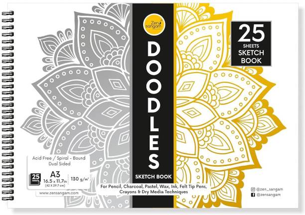 Zen Sangam Express your Mind 25 Sheets A3 Doodles Sketch Book – 16.5 x 11.7 Inch – SpiralBound Sketchpad for Beginners - Acid Free Paper for Doodling, Drawing Sketch Pad