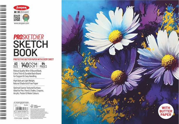 ANUPAM Pro Sketcher Drawing Book with Butter Paper Pages A3 Spiral-Bound 140 GSM Sketch Pad