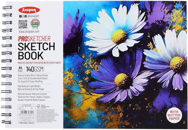 ANUPAM Pro Sketcher Drawing Book with Butter Paper Pages A4 Size Spiral Bound 140 GSM Sketch Pad