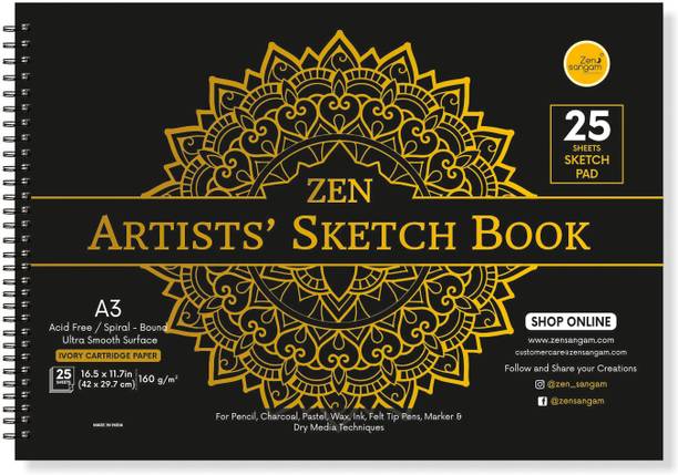 Zen Sangam Express your Mind Artists' A3 Sketch Pad Drawing Notebook (Spiral), 25 Sheets(50 Pages) 42x29.7cm, 150 GSM Acid Free Ivory Cartridge Paper for Pencils,Fineliners,Crayons,OilPastels,Light Watercolour - Gold Sketch Pad