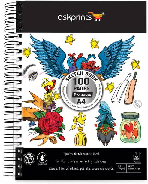 Askprints A4 Premium Sketch Book, Spiral Bound 100 Pages,Acid-Free Paper,for Kids & Adults Sketch Pad