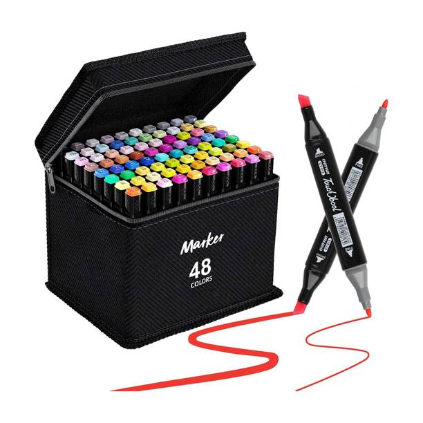 KLIFFOO 48 Colors Dual Tip Alcohol Marker with Carry Case for Painting, Drawing, Artist Chisel & Fine Permanent Coloring Marker Sketch Pens for Kids & Adults, Model K48 Nib Sketch Pens