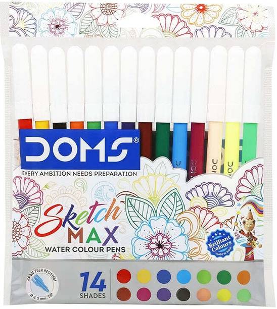 DOMS Sketch Max Water Colour Soft Tip Nib Sketch Pens Set of 14, Multicolor