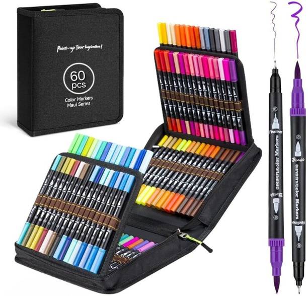 TOYTRIBE 60 Colors Dual Tip Brush Pen Set with Zipper Case | Dual Tip (Brush Tip + Fine Tip) Nib Sketch Pens
