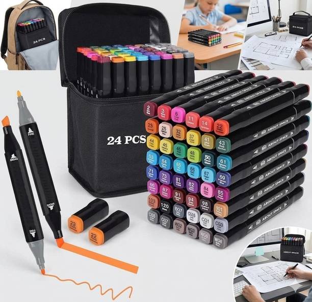 Ramani creation Dual Tip 24 Color Art Markers With Carrying Case For Kids Adult Painting Drawing Twin Head Chisel & Ultra Fine Permanent Colouring Marker Pens Nib Nib Sketch Pens