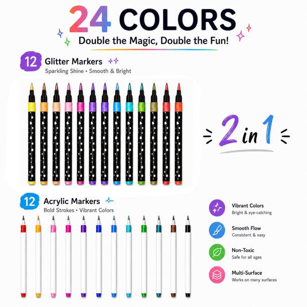Eduwation Acrylic marker+ Glitter marker set of 12 each, 12 Glitter and 12 acrylic markers