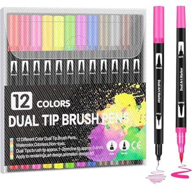 vnz Dual Tip Brush Pen Series – 12 Vibrant Watercolor Markers Dual Tip Design, Quality Construction, Smooth & Even Ink Flow, Safe & Non-Toxic Nib Sketch Pens