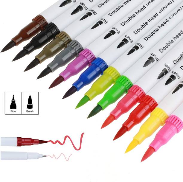 feelhigh 12 Dual Head Water Based Drawing Soft Brush Fineline Tip Color Pen Set fine Nib Sketch Pens