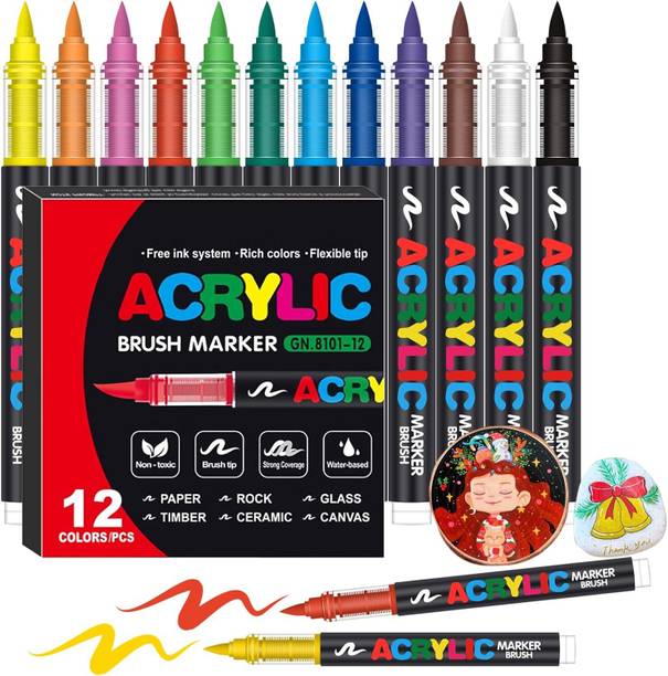 Woleebee 12 Set Of Acrylic Paint Markers Flexible Brush Tip with Direct-Liquid Ink System for smooth, consistent flow Nib Sketch Pen