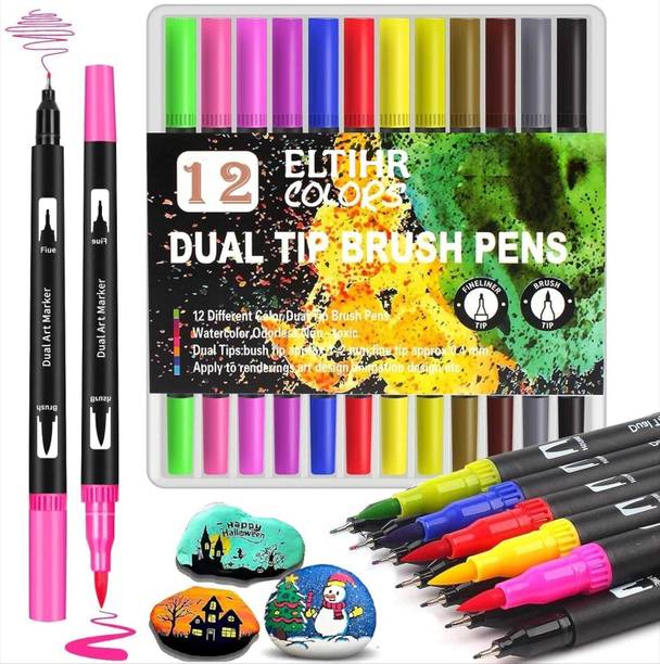 eltihr Dual Art Marker Set – 12 Colors Brush Fine Tip Pens for Creative Drawing Nib Sketch Pens