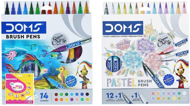 DOMS Brush Pen Set(Non-Toxic 14Shade+Super Soft Tip Pastel Shades) Brush Nib Sketch Pen