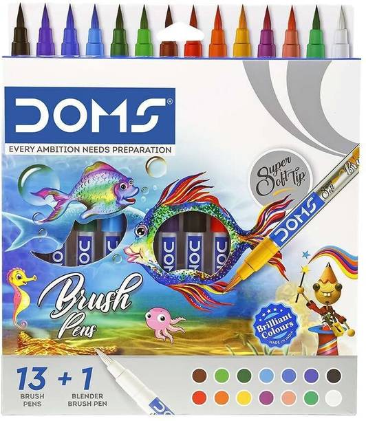 DOMS DOMS - Brush Pen 14 Shades with 1 Self-Cleaning Colourless Blender Pen Unique push resistant Nib Sketch Pens
