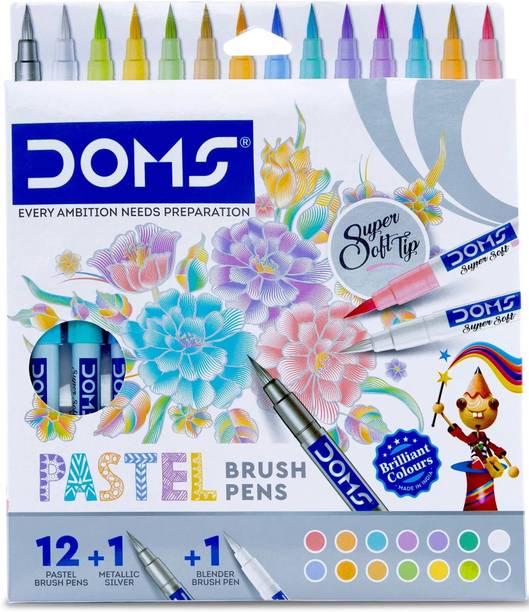 DOMS Pastel Brush Pen Set – Pack of 14 | 12 Pastel + 1 Silver + 1 Blender Brush Tip Nib Nib Sketch Pens with Washable Ink