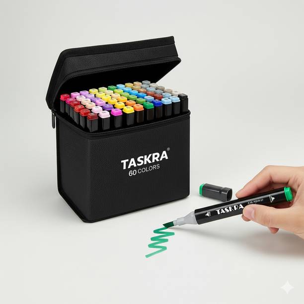 TASKRA Dual Tip Colorful Art Markers Sketch Pens 60 Colors With Carrying Case Painting Drawing -Twin Head Permanent Colouring Marker Pens For Kids Adult, Multicolor Nib Sketch Pens