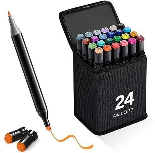 JIGSHTIAL Classic 24Pcs Dual Tips Permanent Art Markers Pen Drawing Set Nib Sketch Pens