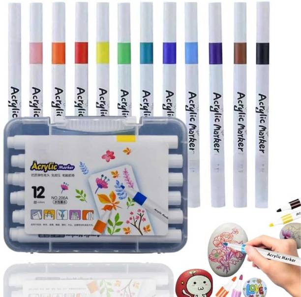 eltihr Premium 12 Color Acrylic Pens for Artwork, Calligraphy, Sketching and Decoration Nib Sketch Pens  with Washable Ink