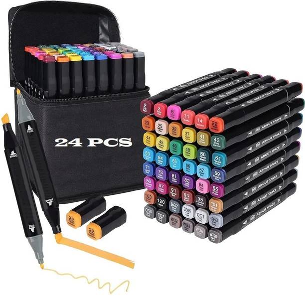 Belanto Dual Tip 24 Color Art Markers With Carrying Case For Kids Adult Painting Drawing Twin Head Chisel & Ultra Fine Permanent Colouring Marker Pens Nib Sketch Pens