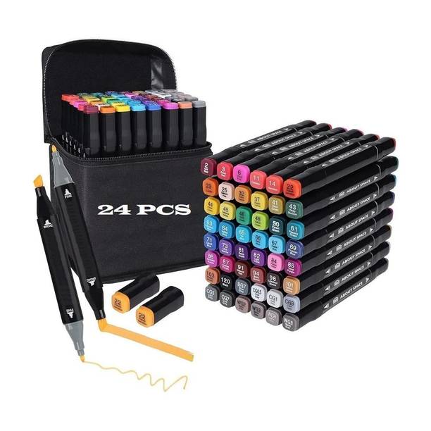 Belanto Dual Tip 24 Color Art Markers With Carrying Case For Kids Adult Painting Drawing Twin Head Chisel & Ultra Fine Permanent Colouring Marker Pens Nib Sketch Pens