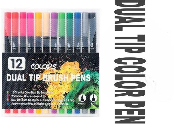 eltihr Dual Tip Brush & Fineliner Color Marker Pens Set for Sketching Drawing 12 Color Dual Tip Brush & Fineliner Color Marker Pens Set for Sketching Drawing 12 Color Nib Sketch Pens  with Washable Ink