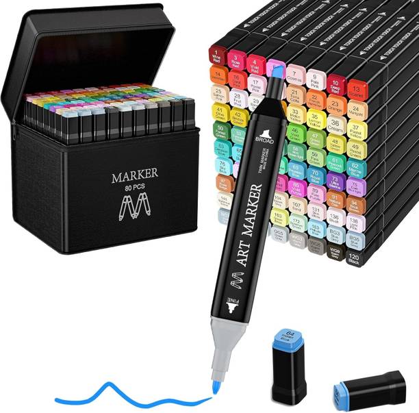 Belanto Dual Tip 80 Color Art Markers With Carrying Case For Kids Adult Painting Drawing Twin Head Chisel & Ultra Fine Permanent Colouring Marker Pens Nib Sketch Pens