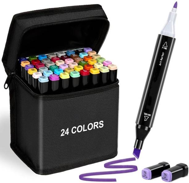 ELITEWAVE 24 Permanent Sketch Pen Colors Dual Tip Drawing, Painting Pens With Carry Case Drawing Pen,Art Supplies For Artist,,Colour Markers,, Nib Nib Sketch Pens