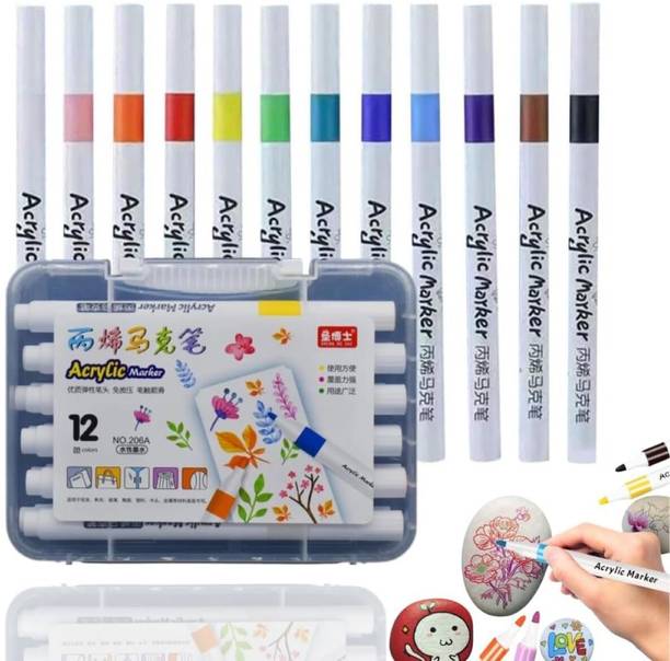 koccido 12 Pcs Acrylic Paint Marker Pens for Rock Painting, Glass, Wood, Fabric DIY Crafts, Drawing & Sketching – Quick Dry, Non-Toxic, Water-Based Ink Nib Sketch Pens