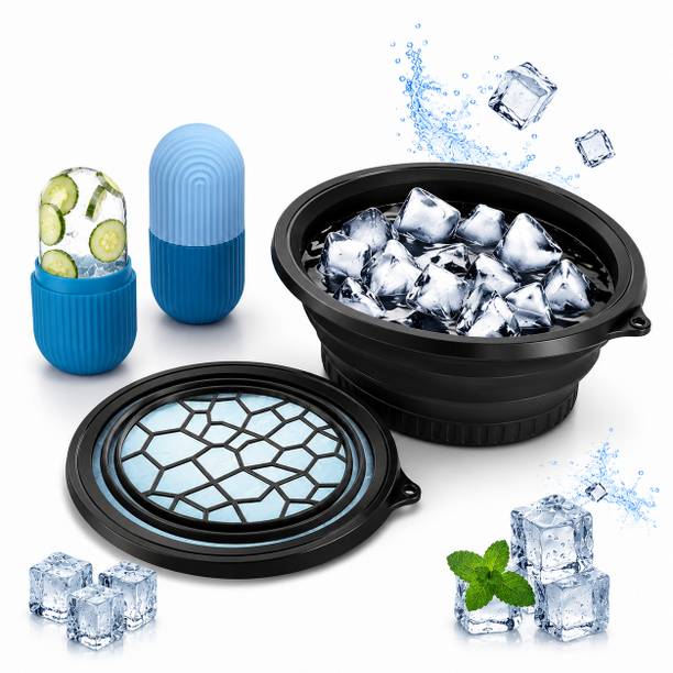 Glosstiy Glam Round Silicone Black Ice Cube Tray with Lid & Blue Ice Roller