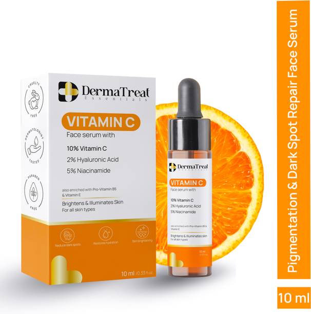 DermaTreat Essentials 10% Vitamin C Face Serum with Niacinamide & Hyaluronic Acid | Reduces Dark Spots & Treats Pigmentation | For Glowing Skin