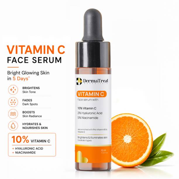 DermaTreat Essentials 10% Vitamin C Face Serum with Niacinamide & Hyaluronic Acid | Reduces Dark Spots & Treats Pigmentation | For Glowing Skin