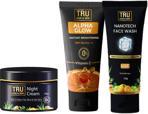 TRU HAIR & SKIN Acne Combo Kit | Niacinamide Night Cream-50gm + Nanotechnology Face Wash - 50ml + Alpha Glow Instant Brightening SPF 50 - 25ml
