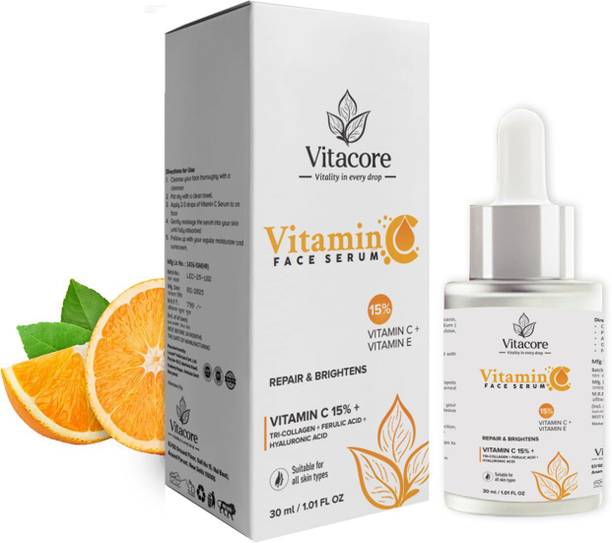 vitacore 15% Vitamin C Serum with Hyaluronic Acid & Tri-Collagen Vita C+E | Water-Based Serum For Anti Ageing | Dead Skin Removal | Skin Brightening | Dark Spots | Skin Glow Vita C+E with Hyaluronic Acid | Suitable for All Skin | For Men and Women