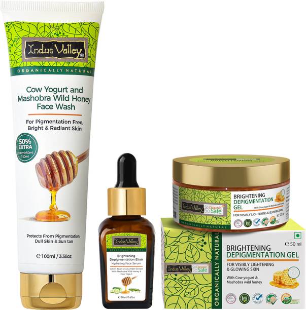 Indus Valley Anti Pigmentation Regime - Depigmentation Gel - 50ml, Brightening Depigmentation Elixir Serum - 20ml & Cow Yogurt And Mashobra Wild Honey Face Wash - 150 ml