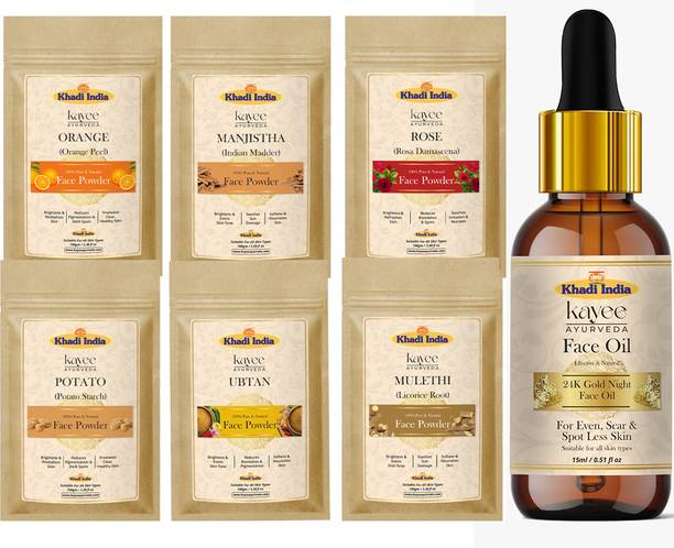 Kayee Ayurveda Khadi India Orange, Manjistha, Rose, Potato, Ubtan, Mulethi Powder + 24 K Gold Night Face Oil Combo for Skin Care