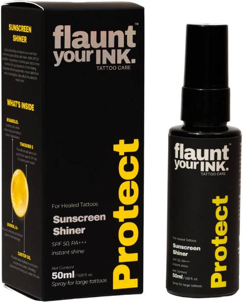 Flaunt Your Ink Tattoo Shiner with SPF 50 PA+++ | UV Protection for Tattooed Skin | Lightweight Sunscreen Spray with Vitamin E & Bisabolol | Enhances Ink & Prevents from Tattoo Fading