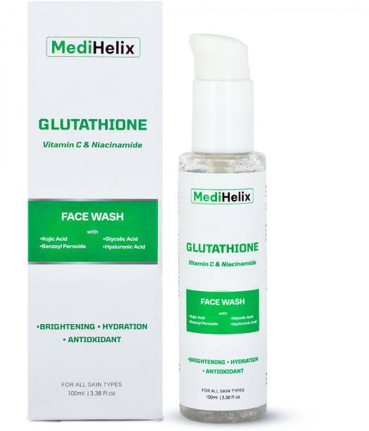 MediHelix Glutathione Facewash for Whitening or Brightening Skin & Deep Cleansing (100ml) for All Skin Types | Remove Pigmentation, Dark Spots & Acne Marks | Enriched with L-Glutathione, Vitamin C & B5, Niacinamide, Hyaluronic Acid, Glycolic acid and Kojic Acid | Face Wash For Woman & Men