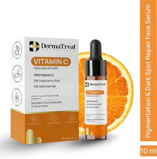DermaTreat Essentials 10% Vitamin C Face Serum with Niacinamide & Hyaluronic Acid | Reduces Dark Spots & Treats Pigmentation | For Glowing Skin