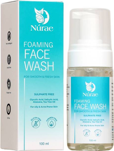 Nurae Foaming Face Wash for Oily & Acne Prone Skin, Sulphate Free, with Glycolic Acid, Salicylic Acid, Aloe Vera, Tea Tree Oil
