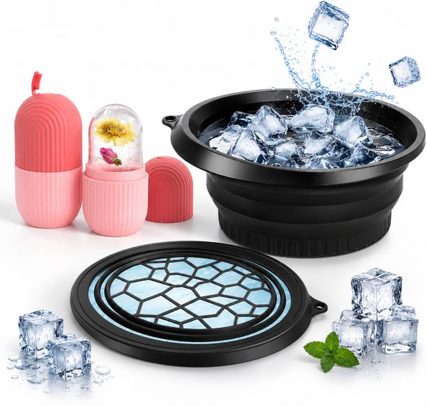 Glosstiy Glam Round Silicone Black Ice Cube Tray with Lid & Pink Ice Roller