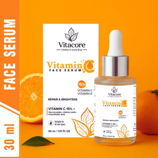 vitacore 15% Vitamin C Serum with Hyaluronic Acid & Tri-Collagen Vita C+E | Water-Based Serum For Anti Ageing | Dead Skin Removal | Skin Brightening | Dark Spots | Skin Glow Vita C+E with Hyaluronic Acid | Suitable for All Skin 30ml