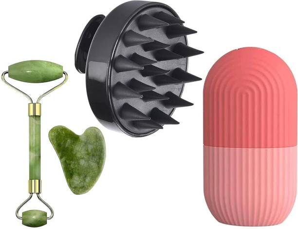 Glovasilk Combo Pack of 3: Facial Massager Jade Roller & Gua Sha Tool for Skin & Scalp