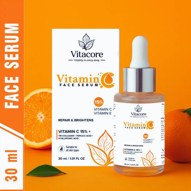 vitacore 15% Vitamin C Serum with Hyaluronic Acid & Tri-Collagen Vita C+E | Water-Based Serum For Anti Ageing | Dead Skin Removal | Skin Brightening | Dark Spots | Skin Glow Vita C+E with Hyaluronic Acid | Suitable for All Skin premium