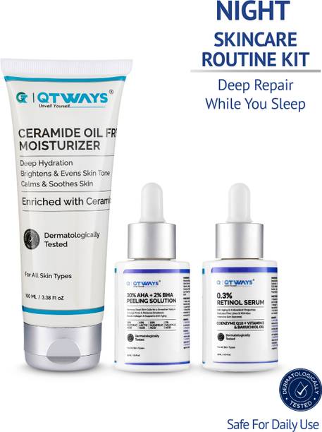 QTWAYS Evening Routine Kit | Retinol Serum + Ceramide Oil Free Moisturizer + AHA BHA Peeling Solution
