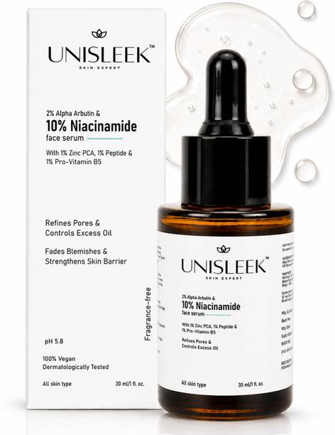 UNISLEEK 10% Niacinamide Face Serum with 2% Alpha Arbutin & 1% Zinc PCA | Oil Control, Acne Marks & Dark Spots | For Oily, Acne-Prone, Sensitive & All Skin Types | Men & Women