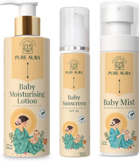 Pure Aura Baby Summer Care Bundle | SPF 30 Sunscreen, Mist & Lotion | Cool Ayurvedic Touch