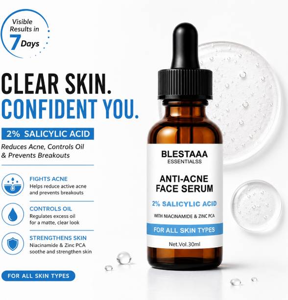 blestaaa essentialss 2% Salicylic Acid AcneClear Face Serum with Niacinamide & Zinc PCA | Oil Control, Pore Cleansing & Acne Reduction | For Oily & Acne-Prone Skin