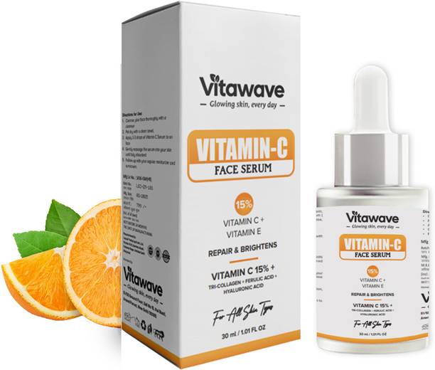 vitawave 15% Vitamin C Serum with Hyaluronic Acid & Tri-Collagen Vita C+E | Water-Based Serum For Anti Ageing | Dead Skin Removal | Skin Brightening | Dark Spots | Skin Glow Vita C+E with Hyaluronic Acid | Suitable for All Skin | For Men and Women