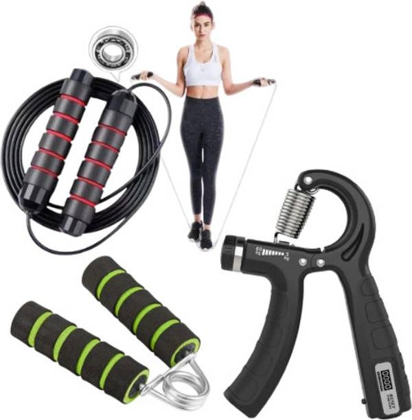 BOLDDISH Skipping Rope + V-shape Grip + Digital Hand Grip Finger Strengthener for Gym Ball Bearing Skipping Rope