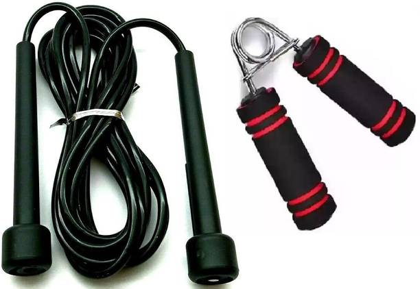 KIYA Black pencil Adjustable Skipping Rope with foam hndle handgripper Combo set Freestyle Skipping Rope