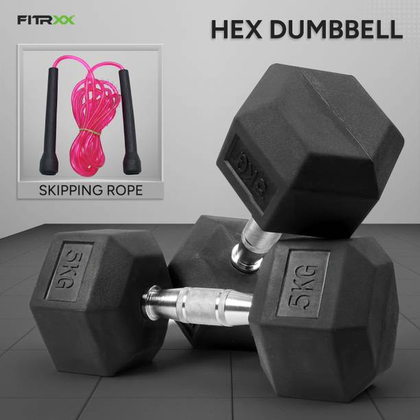 FITRXX Rubber Coated Hexa Dumbbell Set (5 kg Pair) Weighted Skipping Rope